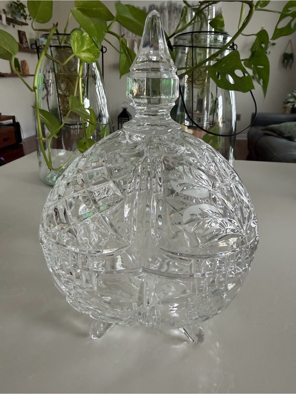 Vintage Cut Crystal Covered Candy Dish 10” Footed Lidded Trinket Bowl NWOT
